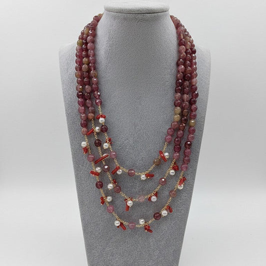 Long Necklace with Multicolor Sapphire Stones, S925 Silver and Gold