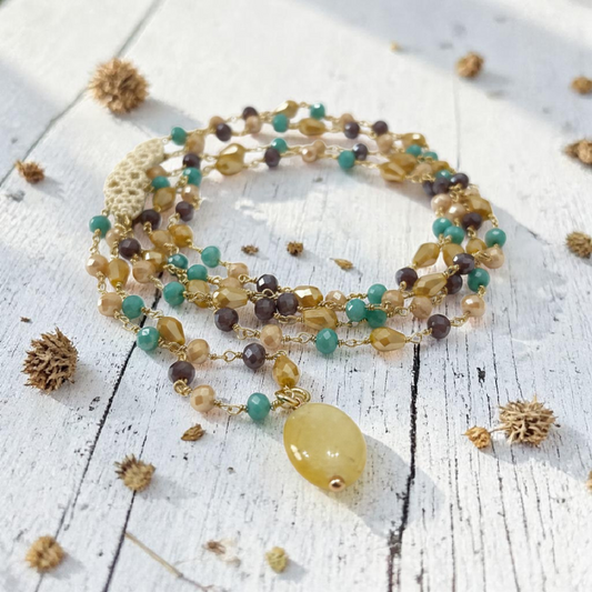 Collana Lunga Stile Rosario Ocra/Verde/Marrone con Ciondolo, in Argento s925