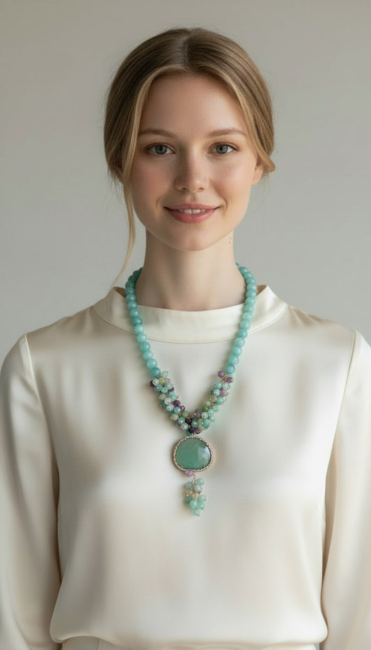 Collana Lunga ad Y con Goccia e Grappoli Color Verde Mare/Paraiba