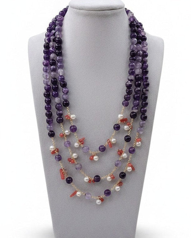 SET Collana Maxi + Orecchini con Pietre di Ametista, Perle e Corallo rosso