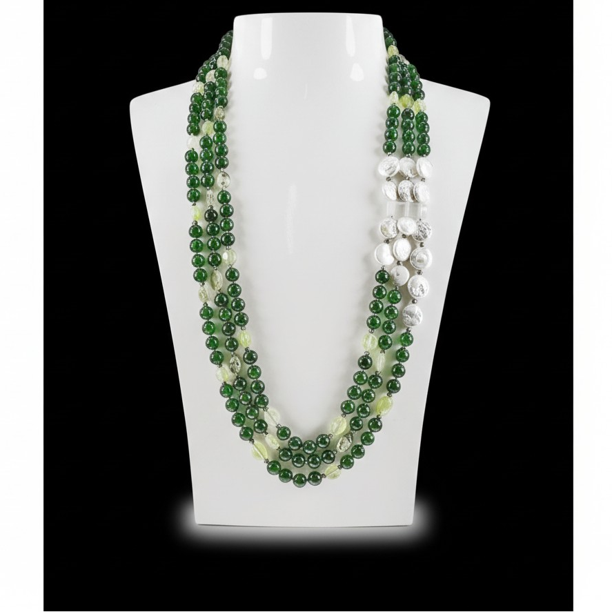Collana 3 fili in Pietre Quarzo Verde e Perle barocche