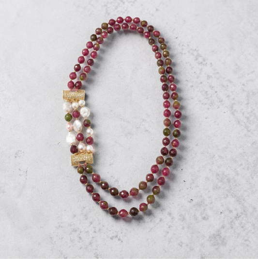 Long Necklace with Multicolor Sapphire Stones, S925 Silver and Gold