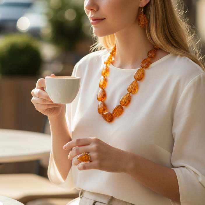 Set Gocce in Ambra, Collana Orecchini ed Anello