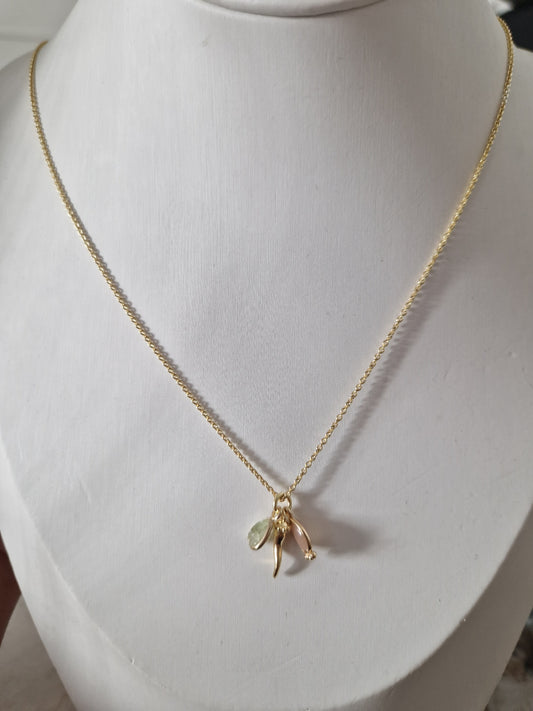 Collana con Cornetto Portafortuna e Gocce di Quarzo e Peridoto, Argento s925