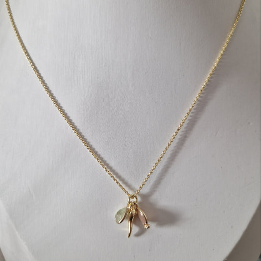 Collana con Cornetto Portafortuna e Gocce di Quarzo e Peridoto, Argento s925