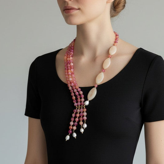 Long Necklace with Multicolor Sapphire Stones, S925 Silver and Gold