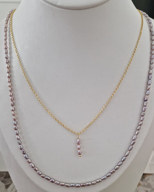 Collane Doppio Filo con Perle Chicco di Riso Violaceo, in Argento s925