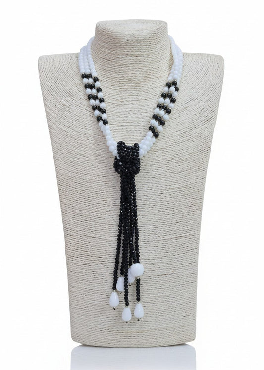 Collana Cravatta Nera e Bianca da Donna, con Perle e Pietre Naturali