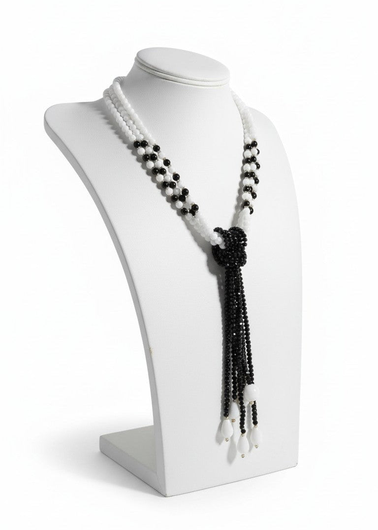 Collana Cravatta Nera e Bianca da Donna, con Perle e Pietre Naturali