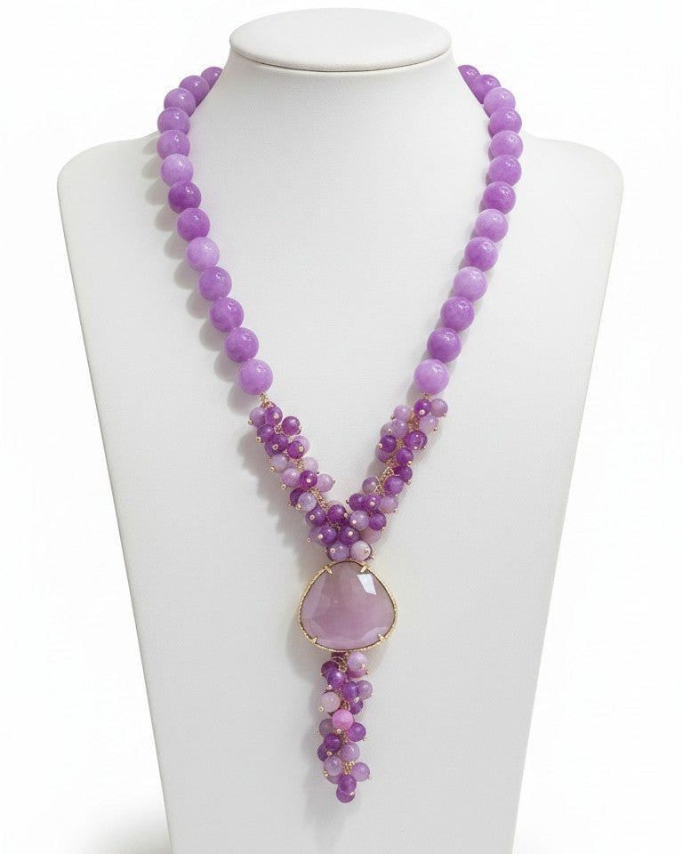 Collana Lunga ad Y con Goccia e Grappoli Rosa/Fucsia