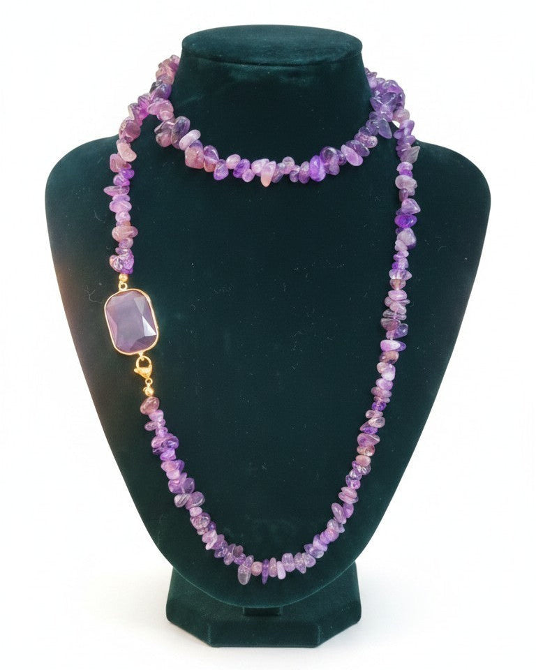Long Necklace with Multicolor Sapphire Stones, S925 Silver and Gold