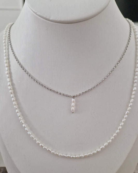 Collane Doppio Filo con Perle Chicco di Riso Bianche, in Argento s925