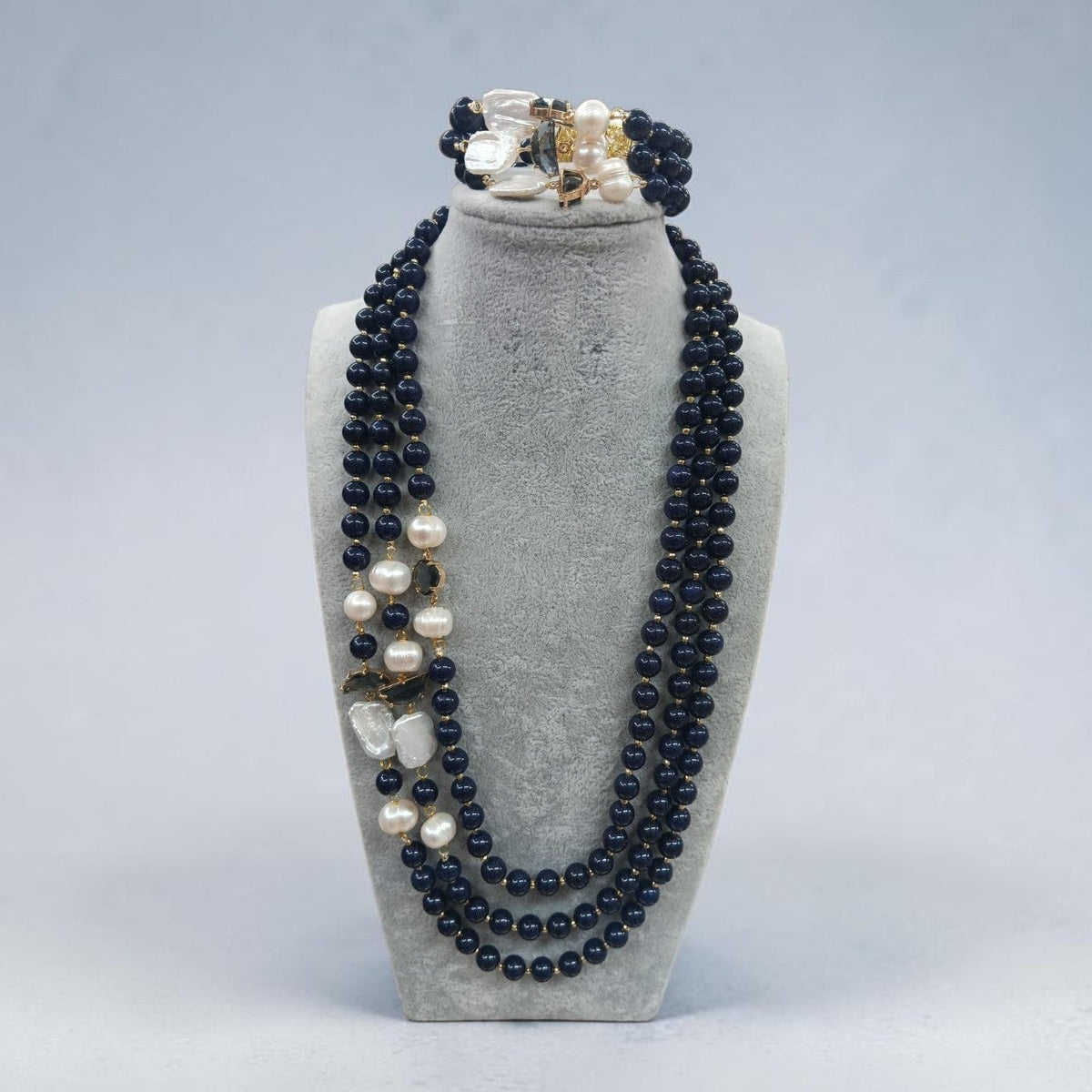 SET Collana Maxi con 3 fili di Pietre di Zaffiro Sintetico 10mm