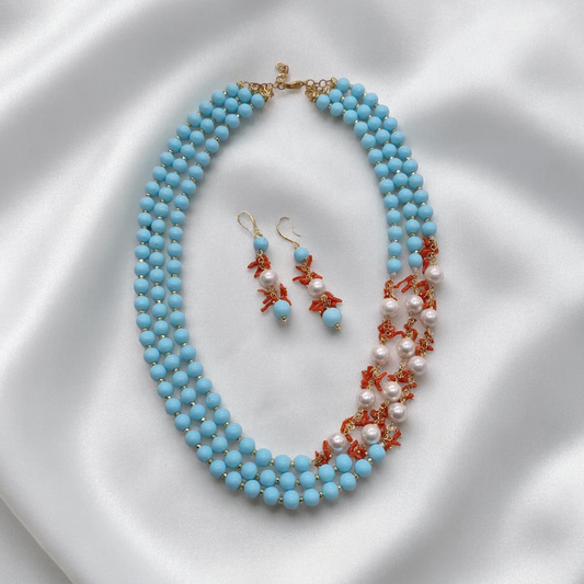 Collana Maxi ed Orecchini con Pietre di Pasta di Turchese, Perle e Corallo rosso