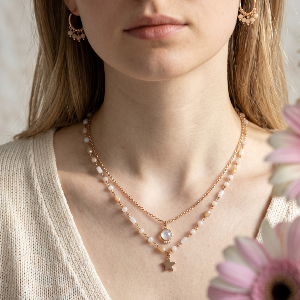 Orecchini Cerchio Sottile con Multi Charms di PIetre, Argento s925
