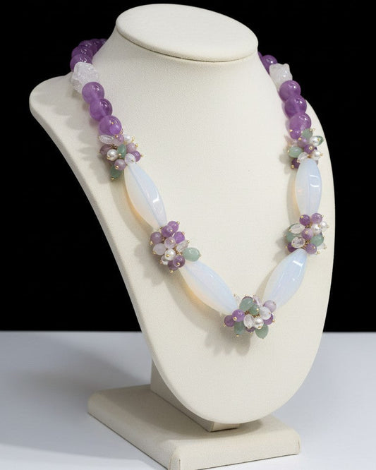Collana Maxi con Agata e Grappoli Lilla/Bianco