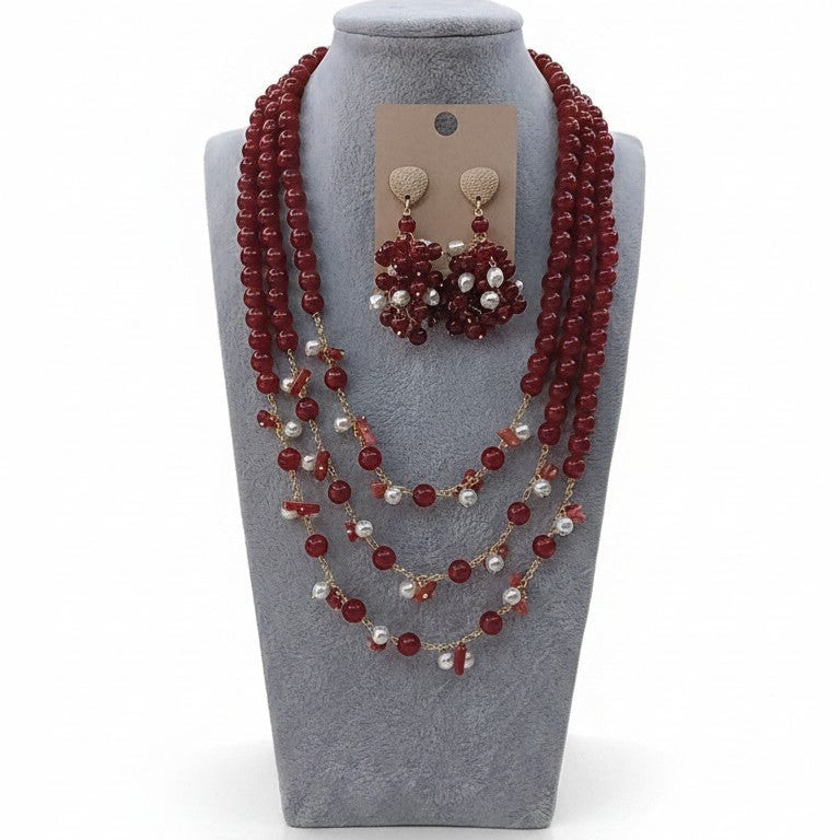 SET Collana Maxi + Orecchini con Pietre di Rubino Grezzo, Perle e Corallo rosso