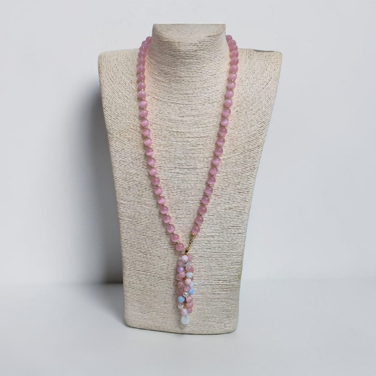 Collana Lunga con Ciondolo a Grappolo Rosa e Celeste