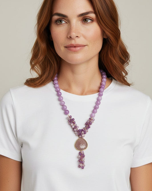 Collana Lunga ad Y con Goccia e Grappoli Rosa/Fucsia