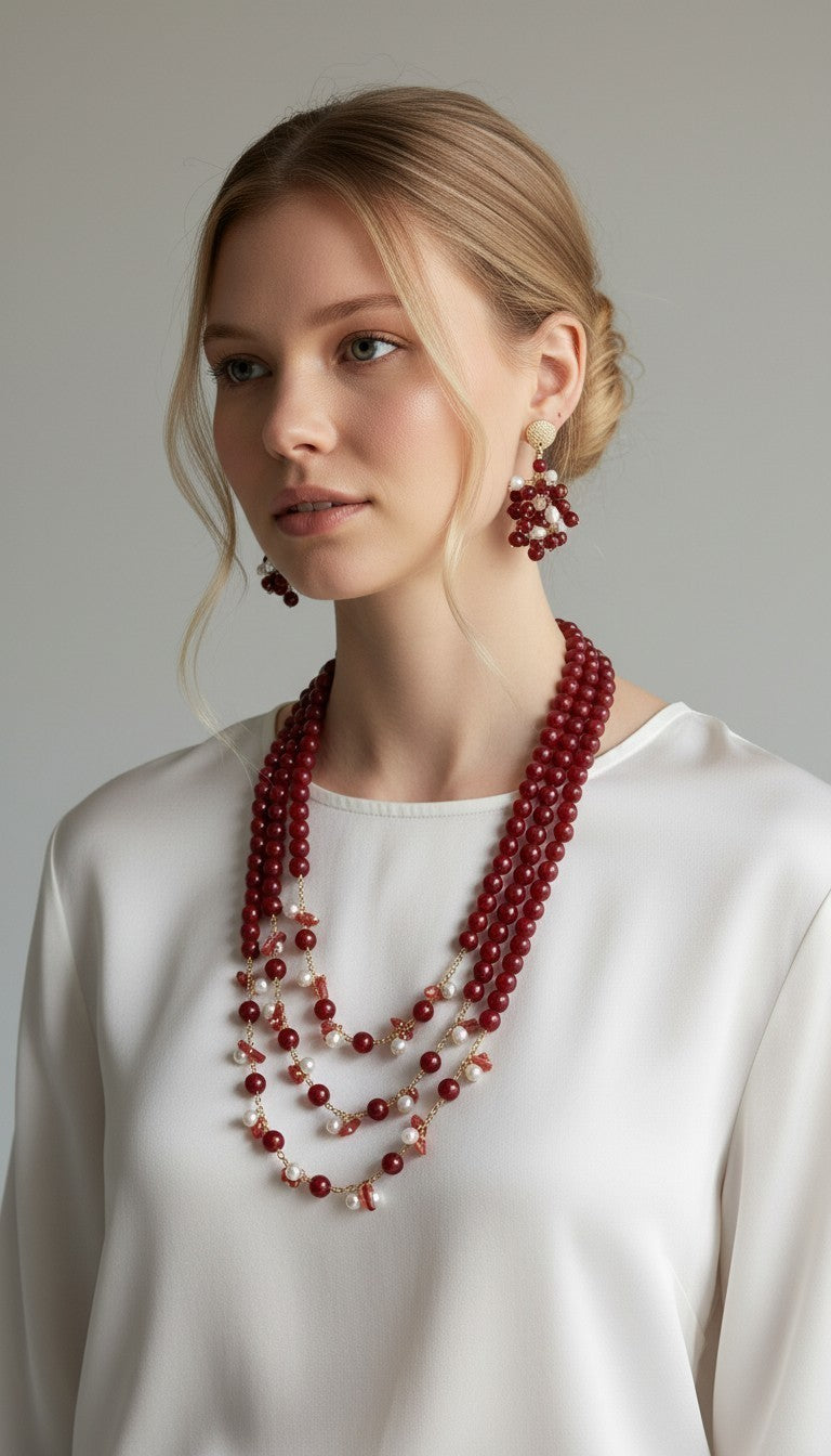 SET Collana Maxi + Orecchini con Pietre di Rubino Grezzo, Perle e Corallo rosso
