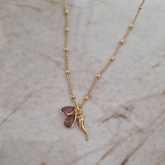 Collana con Cornetto Portafortuna e Gocce di Rubino, Argento s925