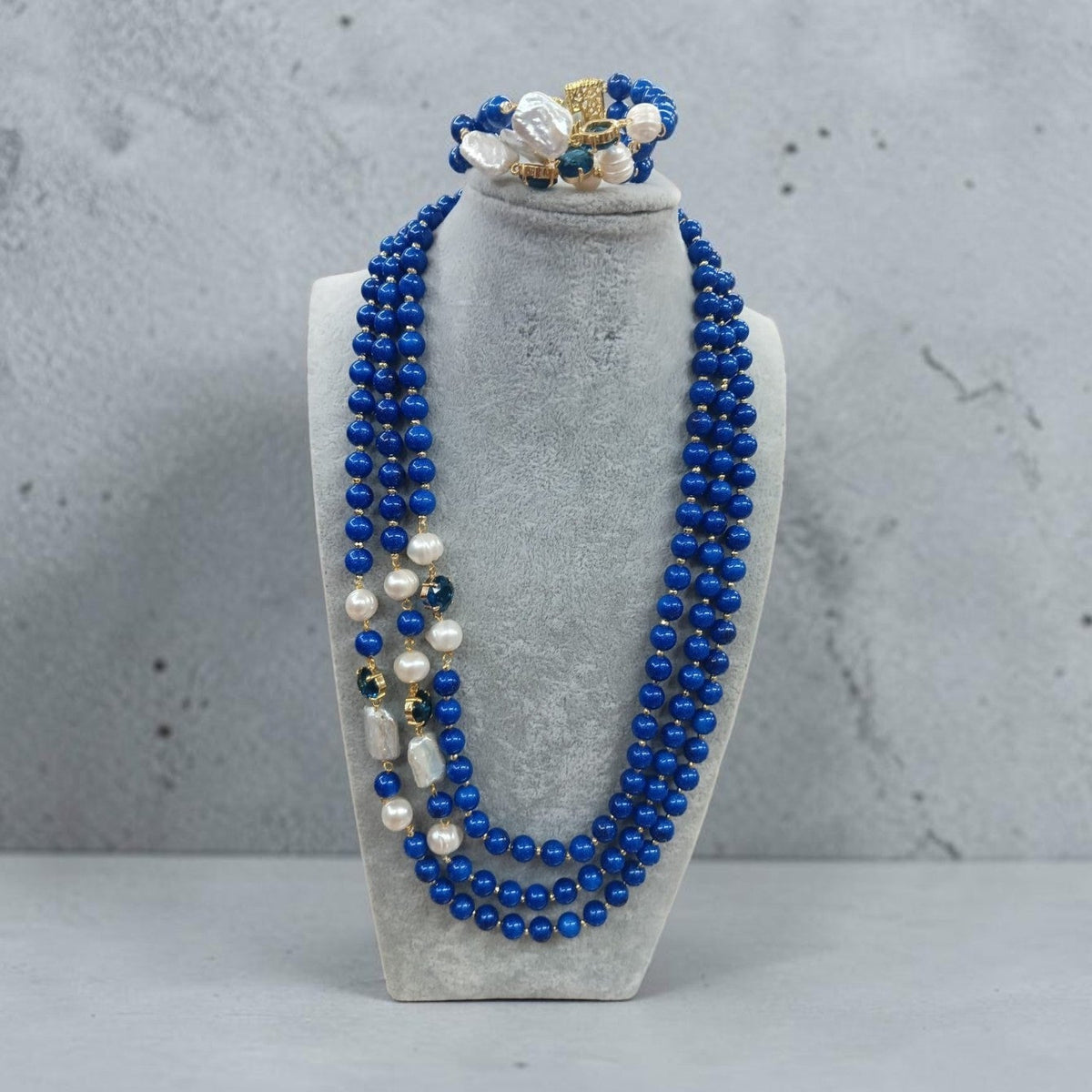 Long Necklace with Multicolor Sapphire Stones, S925 Silver and Gold