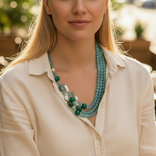 Collana 2 fili in Calcedonio e Quarzo Verde