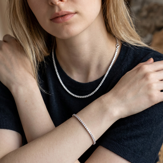 SET Collana Girocollo + Bracciale Tennis, 2 mm Bianco, Argento 925