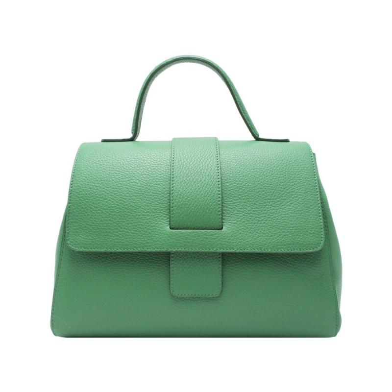 Borsa a mano da donna in pelle verde, con patta e manico singolo.
