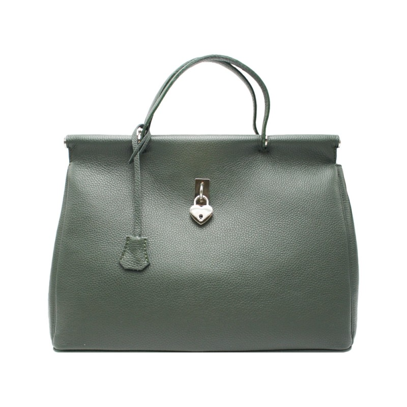Borsa in pelle verde con manici e una chiusura a cuore.