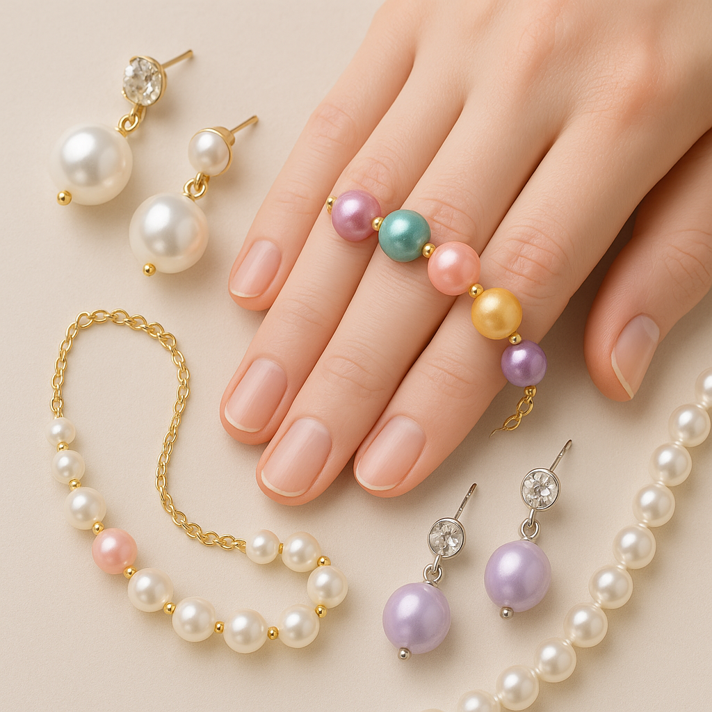 Gioielli artigianali con perle, tra cui bracciale con perle colorate, orecchini con perle bianche e collana, su sfondo chiaro con mano di donna italiana.