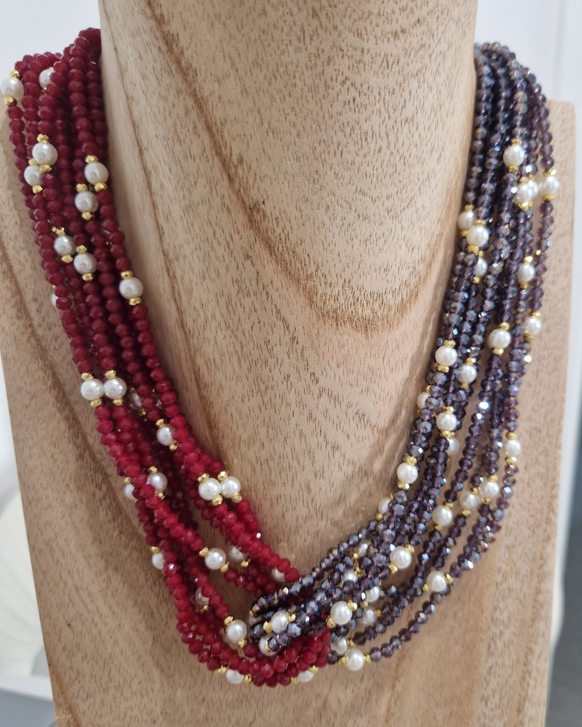 Collana Multifilo Torcion con NODO, Rosso, Blu Navy e Perle