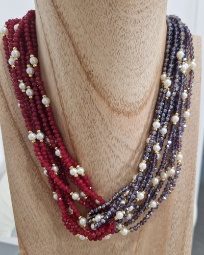 Collana Multifilo Torcion con NODO, Rosso, Blu Navy e Perle