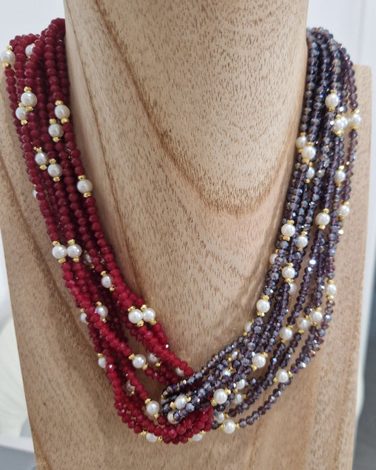 Collana Multifilo Torcion con NODO, Rosso, Blu Navy e Perle
