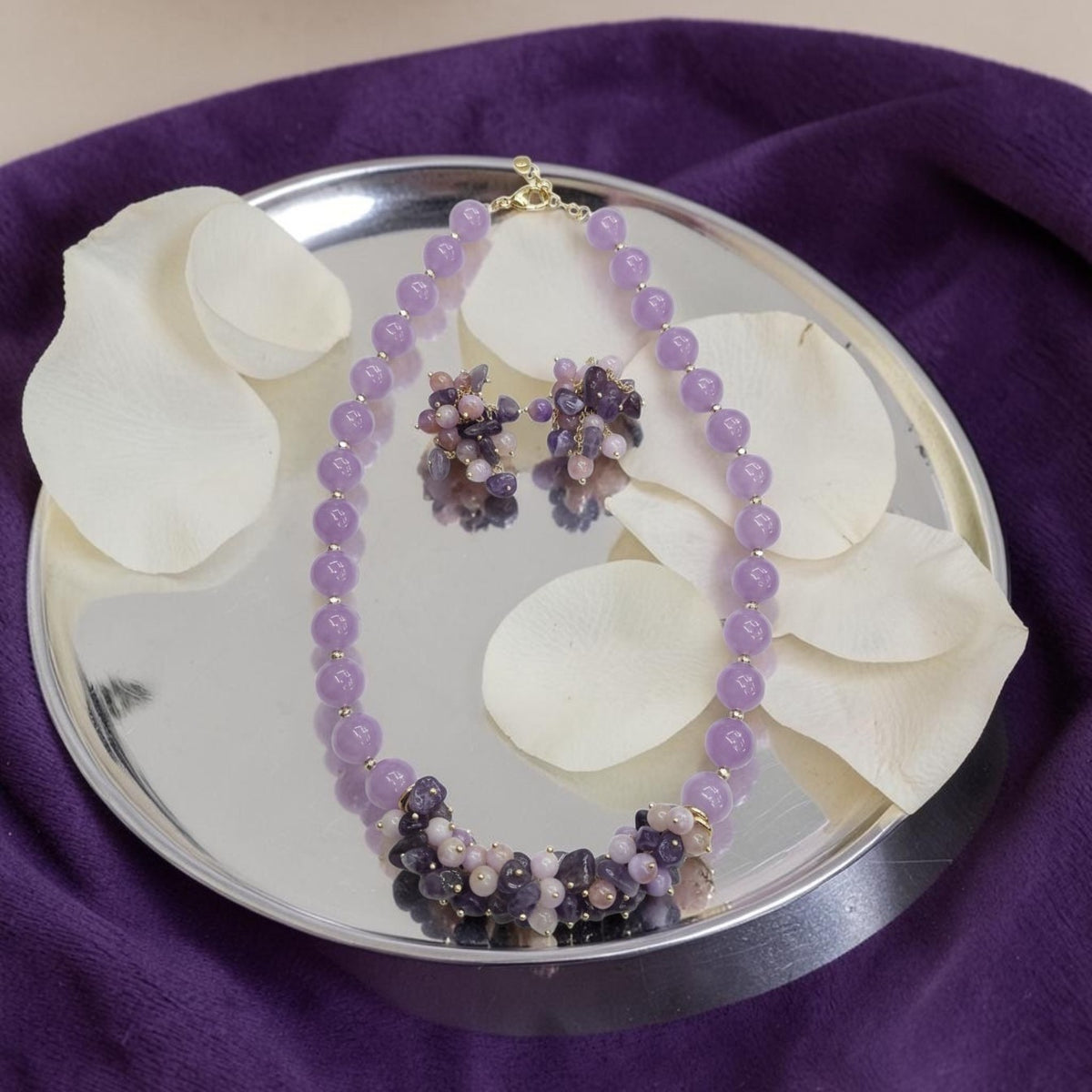 Set Parure Collana, Bracciale ed Orecchini in Agata Rosa/Lilla/Viola a Grappolo
