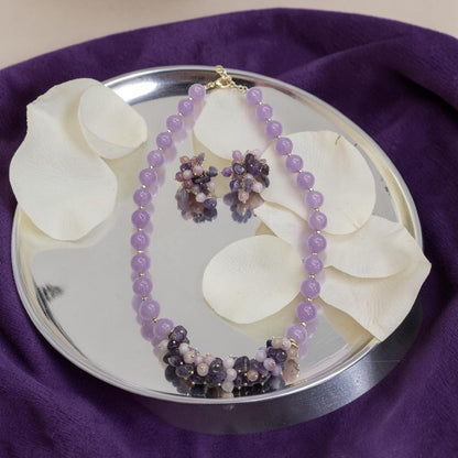 Set Parure Collana, Bracciale ed Orecchini in Agata Rosa/Lilla/Viola a Grappolo