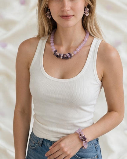 Set Parure Collana, Bracciale ed Orecchini in Agata Rosa/Lilla/Viola a Grappolo