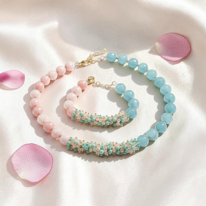 Set Parure Collana e Bracciale in Pasta di Turchese, Grappoli e Quarzo Rosa