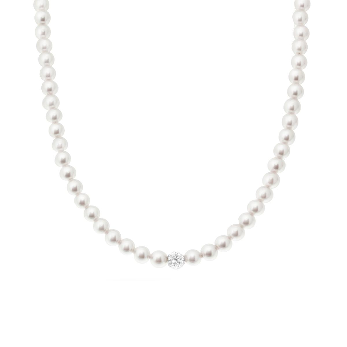 Collana Filo Perla Bianca mm 4, con pallina Crystal Bianco, Argento S925