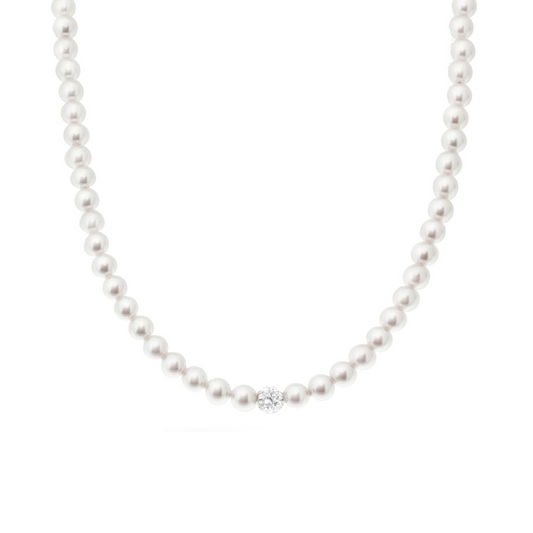 Collana Filo Perla Bianca mm 4, con pallina Crystal Bianco, Argento S925