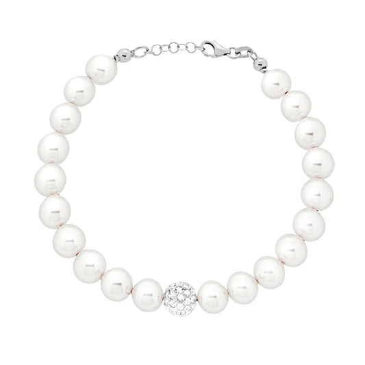 Bracciale Perla Bianca mm 8 con pallina di zirconi, in ARGENTO 925