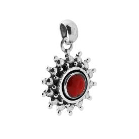 Ciondolo Etnico Thailandese Sole con Pietra Corallo, Argento s925