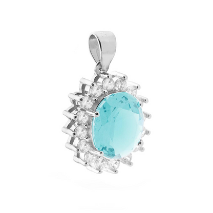 Ciondolo con Zircone Ovale Acquamarina contornato da Zirconi, in Argento S925
