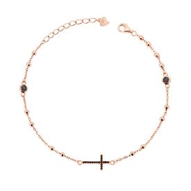 Bracciale Rosario con Palline mm 2.5 Croce e Zirconi Neri, in Argento s925