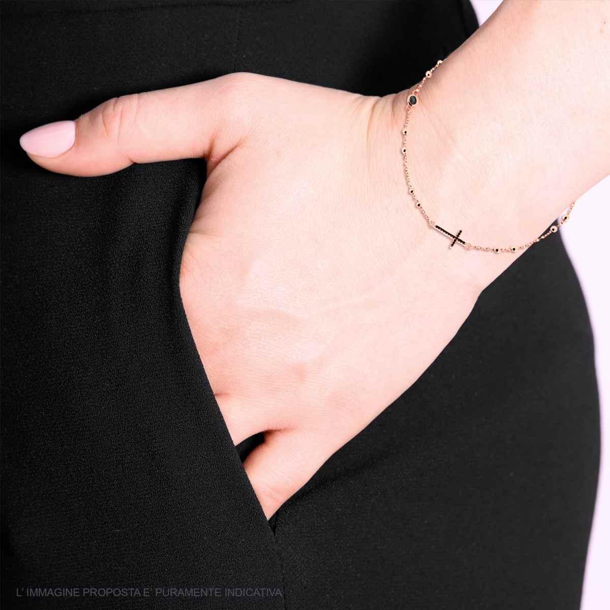 Bracciale Rosario con Palline mm 2.5 Croce e Zirconi Neri, in Argento s925