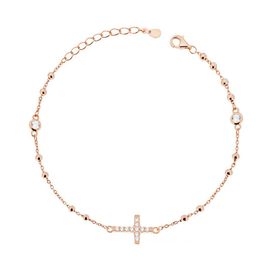 Bracciale Rosario con Palline mm 2.5 Croce e Zirconi, in Argento s925