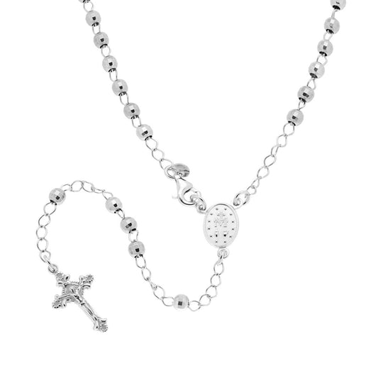 Collana Rosario cm 50 con Grani a pallina Diamantata, Argento s925