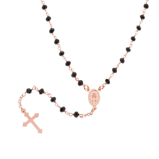 Collana Rosario con Grani Neri e Oro Rosa, Argento s925
