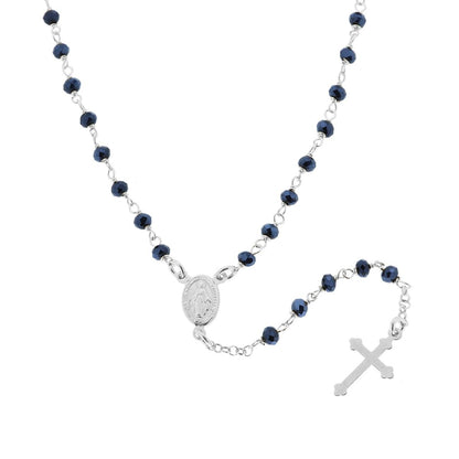 Collana Rosario cm 50 con Grani in Crystal colore Blu Avion, Argento s925