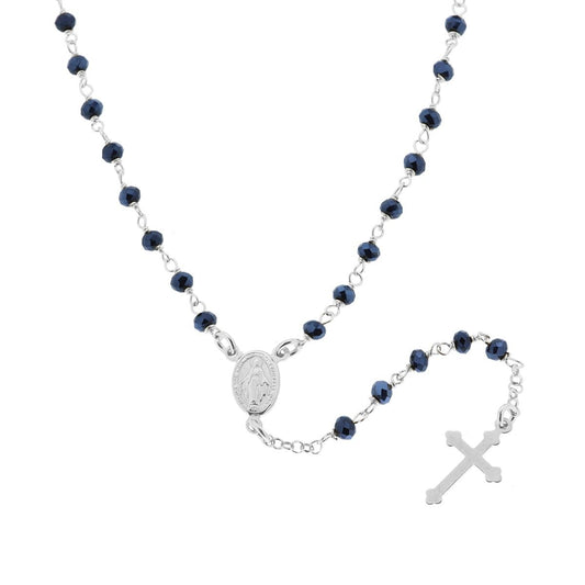 Collana Rosario cm 50 con Grani in Crystal colore Blu Avion, Argento s925